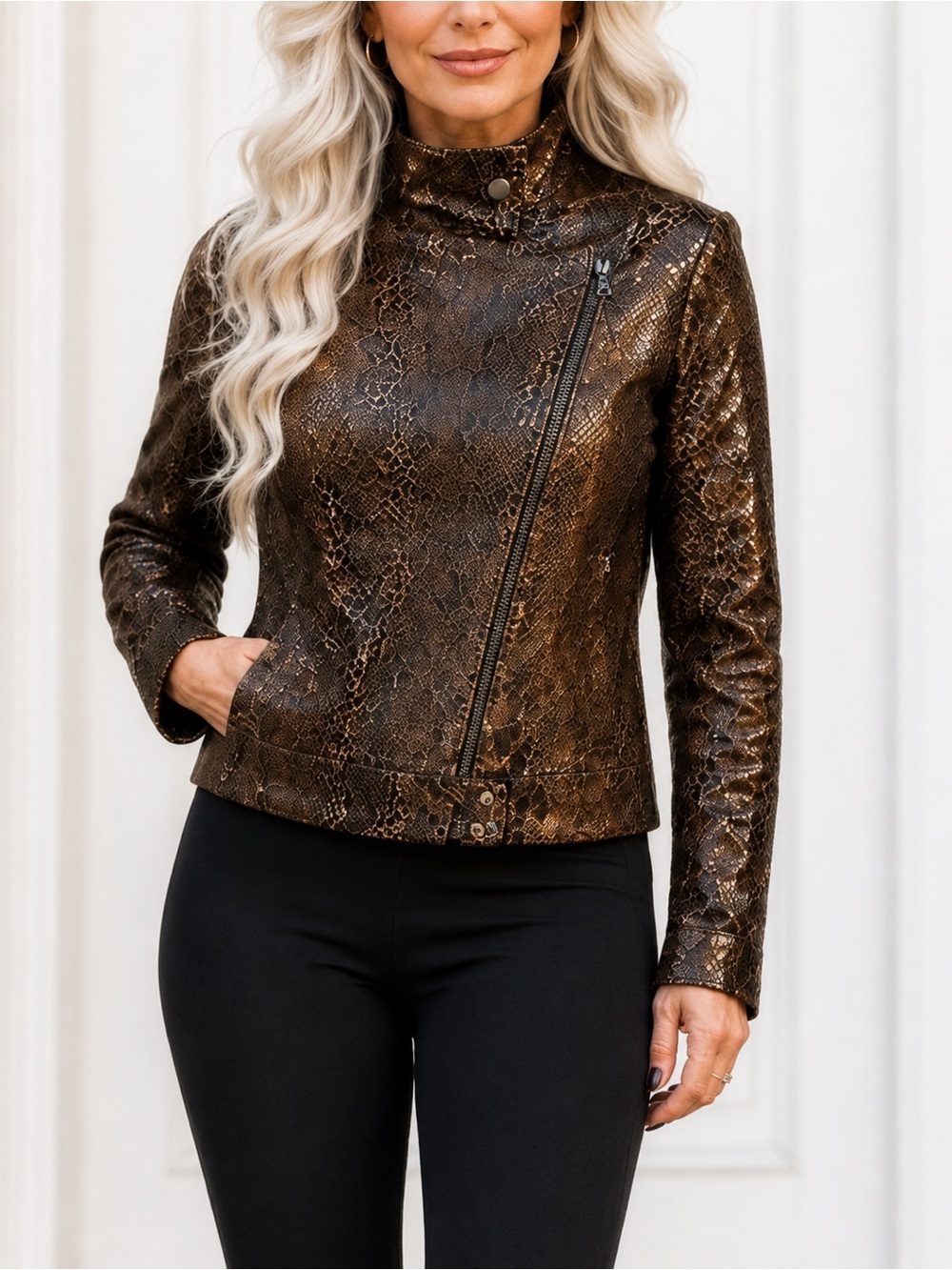 Landi Italy Oregon Python-Embossed Leather Moto Jacket Brown IT 42 US 6